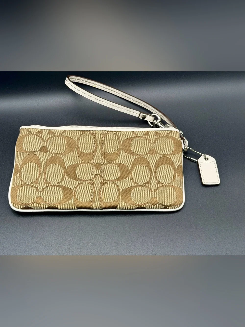 Coach Signature Patchwork Wristlet Clutch Y2K Khaki Cream Brown